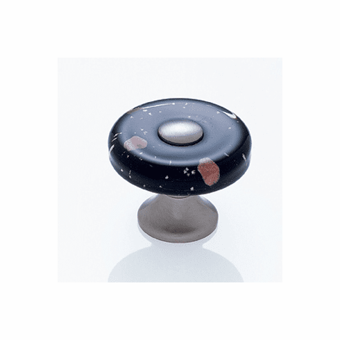 JVJ 50046 Murano Collection Satin Nickel Finish 35 mm Black w/Copper Flecks Flat Round Glass Knob, Glass and Solid Brass