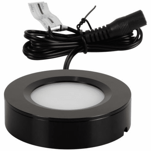 L-SWSP-FR-BK-30 180 Lumens/Fixture 12-volt Puck Light, Single-White, Black Finish, Soft White 3000K, Direct-Wire or Barrel Connection