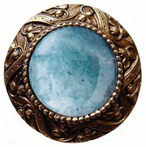 NHK-124-AB-GA Victorian Jewel Knob Antique Brass/Green Aventurine natural stone 1-5/16" Dia 1-1/4" Proj Jewels Collection by Notting Hill