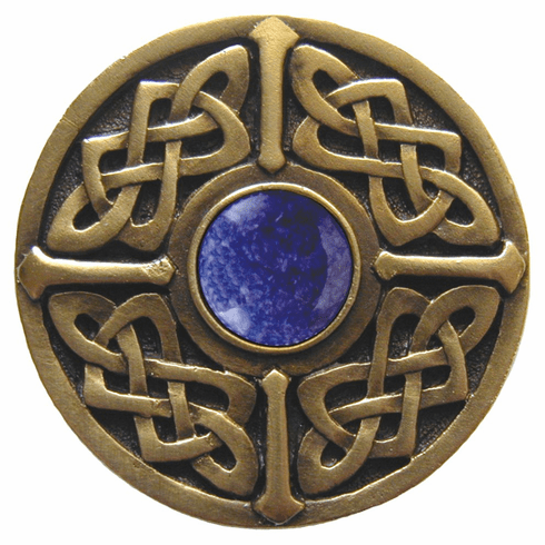NHK-158-AB-BS Celtic Jewel Knob Antique Brass/Blue Sodalite natural stone 1-3/8" Dia 1-1/8" Proj Nouveau Collection by Notting Hill