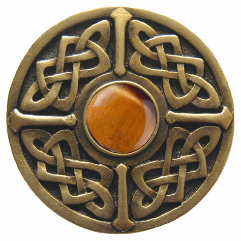 NHK-158-AB-TE Celtic Jewel Knob Antique Brass/Tiger Eye natural stone 1-3/8" Dia 1-1/8" Proj Nouveau Collection by Notting Hill