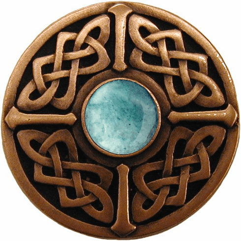 NHK-158-AC-GA Celtic Jewel Knob Antique Copper/Green Aventurine natural stone 1-3/8" Dia 1-1/8" Proj Nouveau Collection by Notting Hill