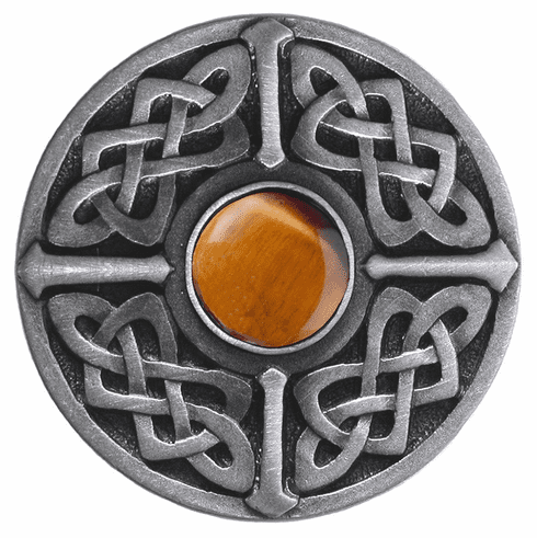 NHK-158-AP-TE Celtic Jewel Knob Antique Pewter/Tiger Eye natural stone 1-3/8" Dia 1-1/8" Proj Nouveau Collection by Notting Hill