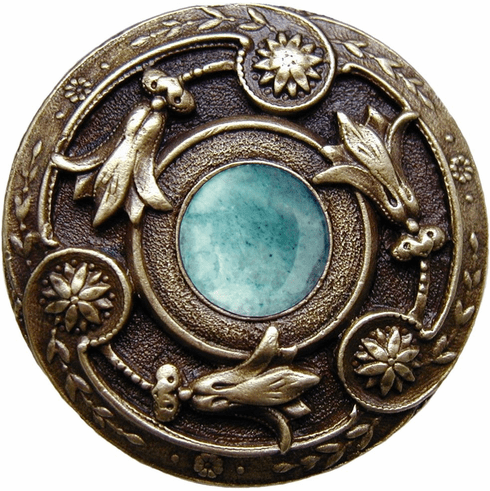 NHK-161-AB-GA Jeweled Lily Knob Antique Brass/Green Aventurine natural stone 1-3/8" Dia 1-1/8" Proj Jewels Collection by Notting Hill