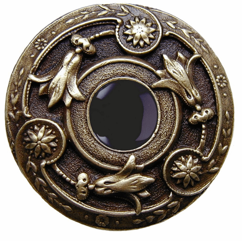 NHK-161-AB-O Jeweled Lily Knob Antique Brass/Onyx natural stone 1-3/8" Dia 1-1/8" Proj Jewels Collection by Notting Hill