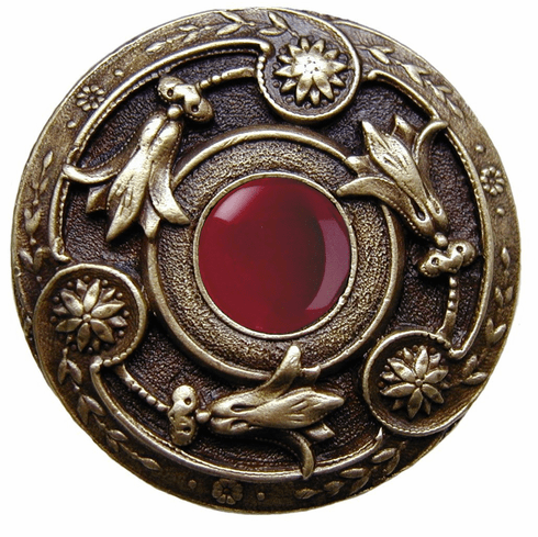 NHK-161-AB-RC Jeweled Lily Knob Antique Brass/Red Carnelian natural stone 1-3/8" Dia 1-1/8" Proj Jewels Collection by Notting Hill