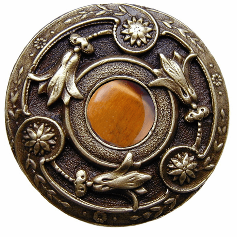 NHK-161-AB-TE Jeweled Lily Knob Antique Brass/Tiger Eye natural stone 1-3/8" Dia 1-1/8" Proj Jewels Collection by Notting Hill