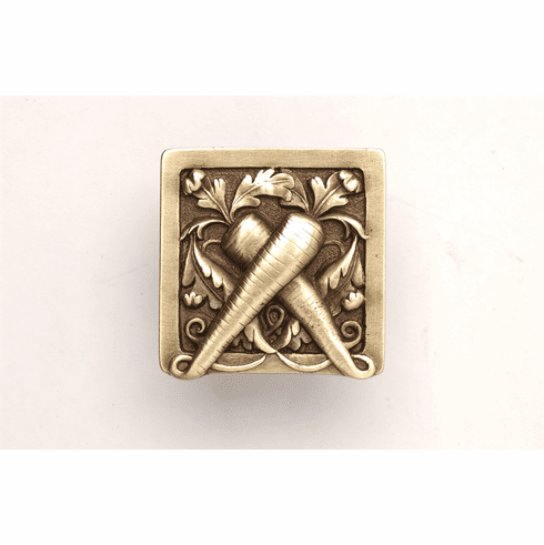NHK-252-AB Leafy Carrot Knob Antique Brass 1-1/2" square 7/8" Proj Kitchen Garden Collection by Notting Hill