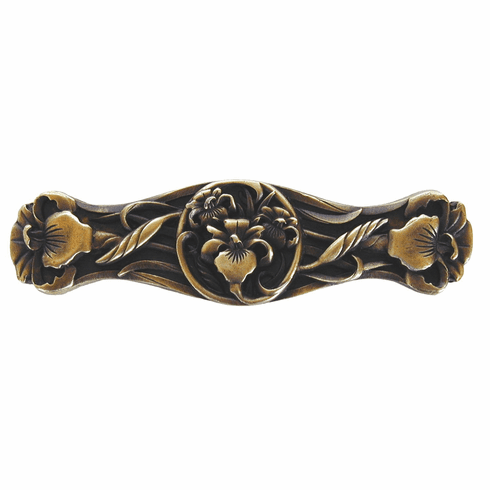 NHP-628-AB River Irises Pull Antique Brass 3" CC 3-7/8" x 1" 7/8" Proj Nouveau Collection by Notting Hill