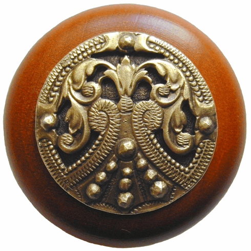NHW-701C-AB Regal Crest Wood Knob in Antique Brass /Cherry wood finish 1-1/2" Dia 1-1/8" Proj Classic Collection by Notting Hill