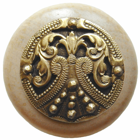 NHW-701N-AB Regal Crest Wood Knob in Antique Brass/Natural wood finish 1-1/2" Dia 1-1/8" Proj Classic Collection by Notting Hill