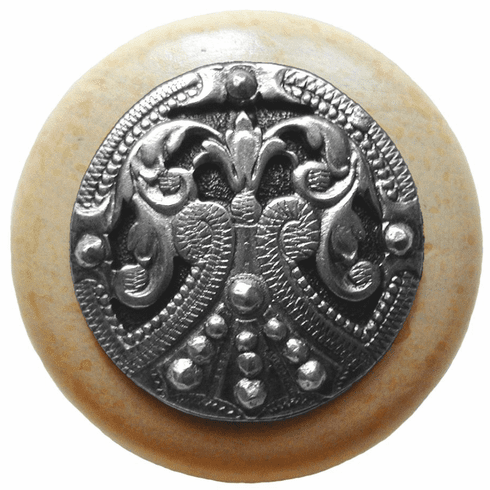 NHW-701N-BP Regal Crest Knob in Brilliant Pewter /Natural wood finish 1-1/2" Dia 1-1/8" Proj Classic Collection by Notting Hill