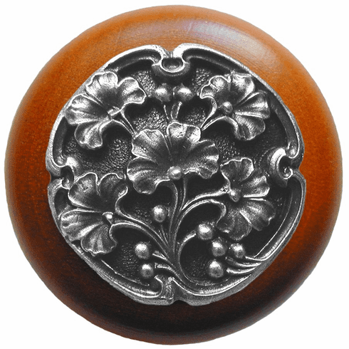NHW-702C-AP Ginkgo Berry Wood Knob in Antique Pewter/Cherry wood finish 1-1/2" Dia 1-1/8" Proj Florals & Leaves Collection by Notting Hill