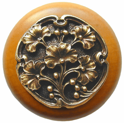 NHW-702M-AB Ginkgo Berry Wood Knob in Antique Brass /Maple wood finish 1-1/2" Dia 1-1/8" Proj Florals & Leaves Collection by Notting Hill