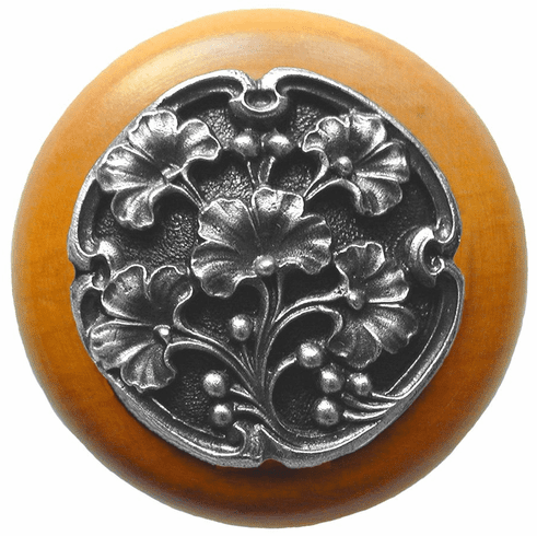 NHW-702M-AP Ginkgo Berry Wood Knob in Antique Pewter/Maple wood finish 1-1/2" Dia 1-1/8" Proj Florals & Leaves Collection by Notting Hill