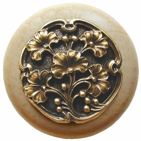 NHW-702N-AB Ginkgo Berry Wood Knob in Antique Brass /Natural wood finish 1-1/2" Dia 1-1/8" Proj Florals & Leaves Collection by Notting Hill