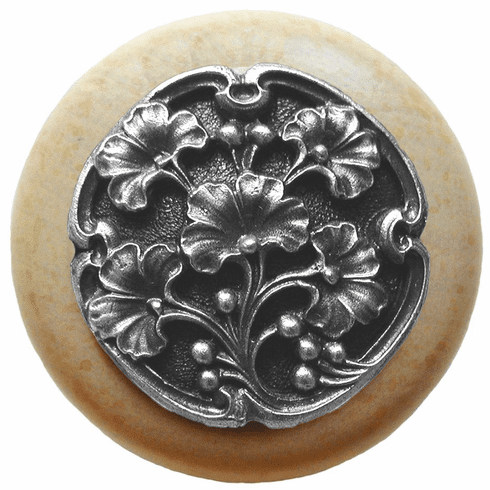 NHW-702N-AP Ginkgo Berry Wood Knob in Antique Pewter/Natural wood finish 1-1/2" Dia 1-1/8" Proj Florals & Leaves Collection by Notting Hill