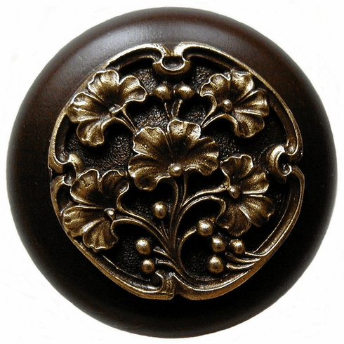 NHW-702W-AB Ginkgo Berry Wood Knob in Antique Brass /Dark Walnut wood finish 1-1/2" Dia 1-1/8" Proj Florals & Leaves Collection by Notting Hill