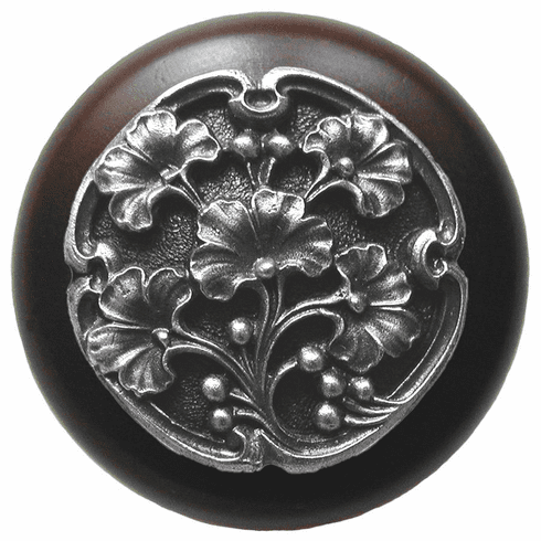 NHW-702W-AP Ginkgo Berry Wood Knob in Antique Pewter/Dark Walnut wood finish 1-1/2" Dia 1-1/8" Proj Florals & Leaves Collection by Notting Hill