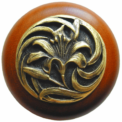 NHW-703C-AB Tiger Lily Wood Knob in Antique Brass /Cherry wood finish 1-1/2" Dia 1-1/8" Proj Florals & Leaves Collection by Notting Hill