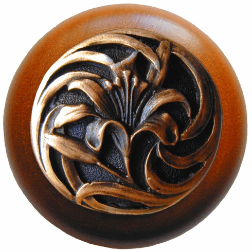 NHW-703C-AC Tiger Lily Wood Knob in Antique Copper/Cherry wood finish 1-1/2" Dia 1-1/8" Proj Florals & Leaves Collection by Notting Hill