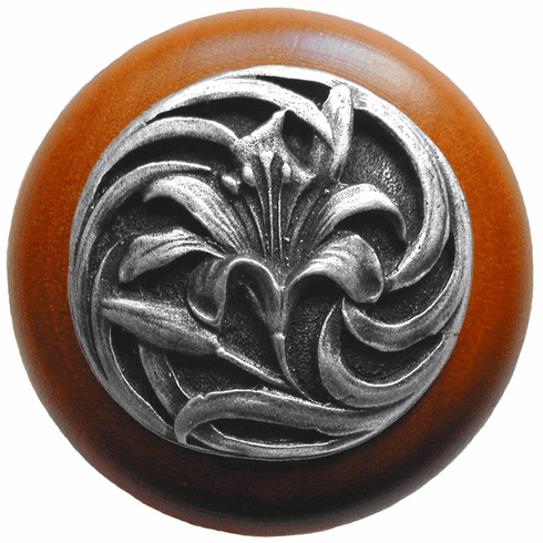 NHW-703C-AP Tiger Lily Wood Knob in Antique Pewter/Cherry wood finish 1-1/2" Dia 1-1/8" Proj Florals & Leaves Collection by Notting Hill