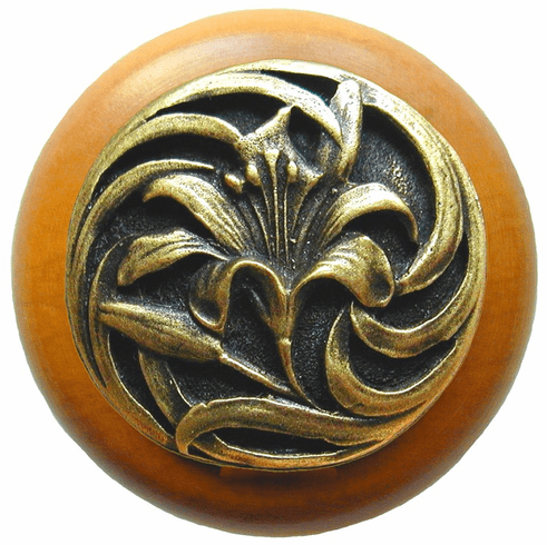 NHW-703M-AB Tiger Lily Wood Knob in Antique Brass /Maple wood finish 1-1/2" Dia 1-1/8" Proj Florals & Leaves Collection by Notting Hill
