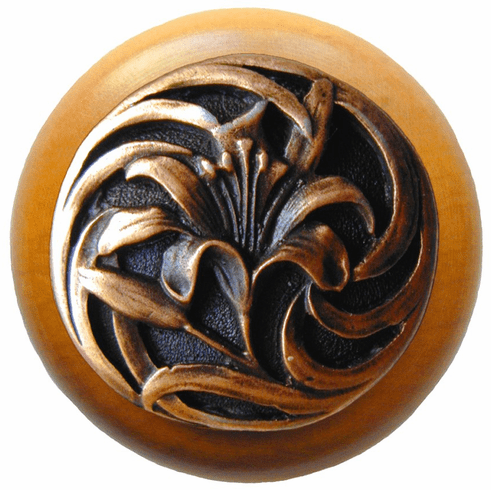 NHW-703M-AC Tiger Lily Wood Knob in Antique Copper/Maple wood finish 1-1/2" Dia 1-1/8" Proj Florals & Leaves Collection by Notting Hill