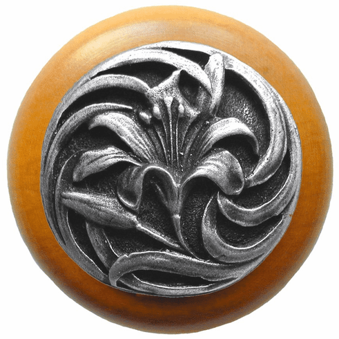 NHW-703M-AP Tiger Lily Wood Knob in Antique Pewter/Maple wood finish 1-1/2" Dia 1-1/8" Proj Florals & Leaves Collection by Notting Hill