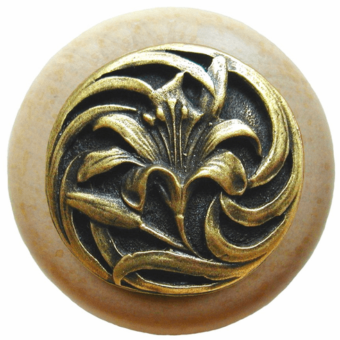 NHW-703N-AB Tiger Lily Wood Knob in Antique Brass /Natural wood finish 1-1/2" Dia 1-1/8" Proj Florals & Leaves Collection by Notting Hill