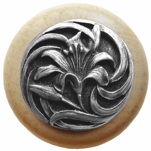 NHW-703N-AP Tiger Lily Wood Knob in Antique Pewter/Natural wood finish 1-1/2" Dia 1-1/8" Proj Florals & Leaves Collection by Notting Hill