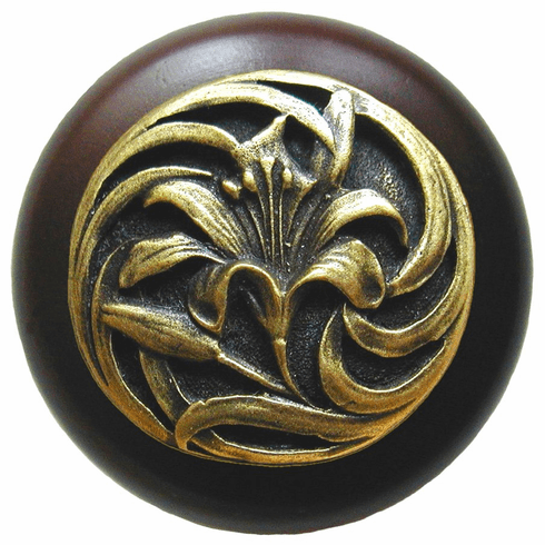NHW-703W-AB Tiger Lily Wood Knob in Antique Brass /Dark Walnut wood finish 1-1/2" Dia 1-1/8" Proj Florals & Leaves Collection by Notting Hill