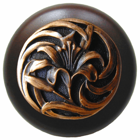 NHW-703W-AC Tiger Lily Wood Knob in Antique Copper/Dark Walnut wood finish 1-1/2" Dia 1-1/8" Proj Florals & Leaves Collection by Notting Hill