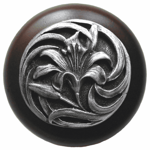 NHW-703W-AP Tiger Lily Wood Knob in Antique Pewter/Dark Walnut wood finish 1-1/2" Dia 1-1/8" Proj Florals & Leaves Collection by Notting Hill