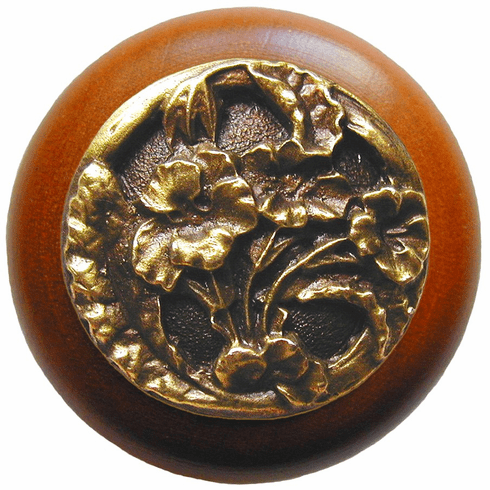 NHW-704C-AB Hibiscus Wood Knob in Antique Brass /Cherry wood finish 1-1/2" Dia 1-1/8" Proj Florals & Leaves Collection by Notting Hill