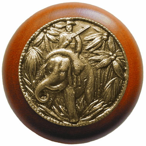 NHW-705C-AB Jungle Patrol Wood Knob in Antique Brass /Cherry wood finish 1-1/2" Dia 1-1/8" Proj Lodge & Nature Collection by Notting Hill