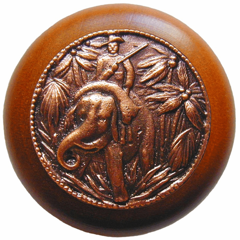NHW-705C-AC Jungle Patrol Wood Knob in Antique Copper/Cherry wood finish 1-1/2" Dia 1-1/8" Proj Lodge & Nature Collection by Notting Hill
