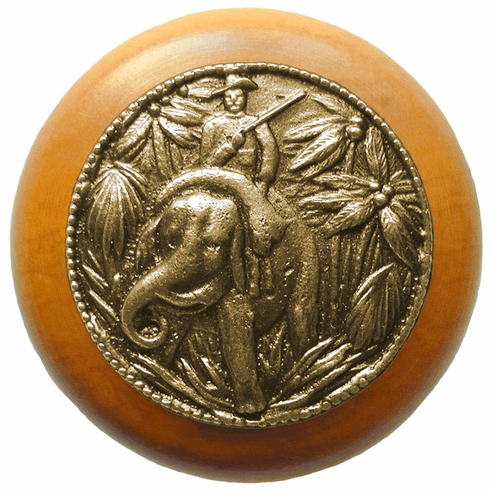 NHW-705M-AB Jungle Patrol Wood Knob in Antique Brass /Maple wood finish 1-1/2" Dia 1-1/8" Proj Lodge & Nature Collection by Notting Hill