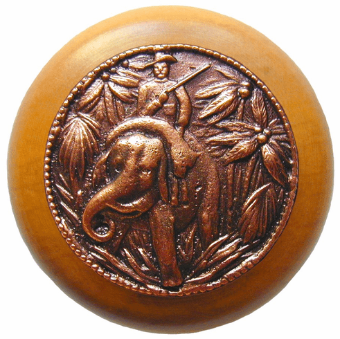 NHW-705M-AC Jungle Patrol Wood Knob in Antique Copper/Maple wood finish 1-1/2" Dia 1-1/8" Proj Lodge & Nature Collection by Notting Hill