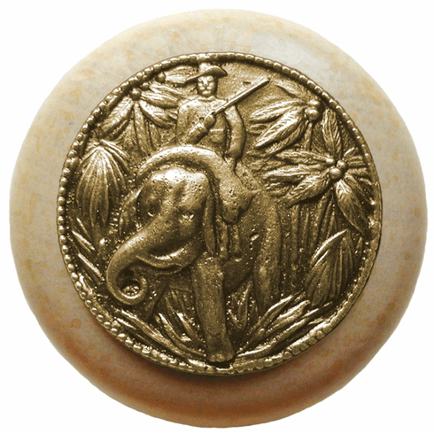 NHW-705N-AB Jungle Patrol Wood Knob in Antique Brass/Natural wood finish 1-1/2" Dia 1-1/8" Proj Lodge & Nature Collection by Notting Hill