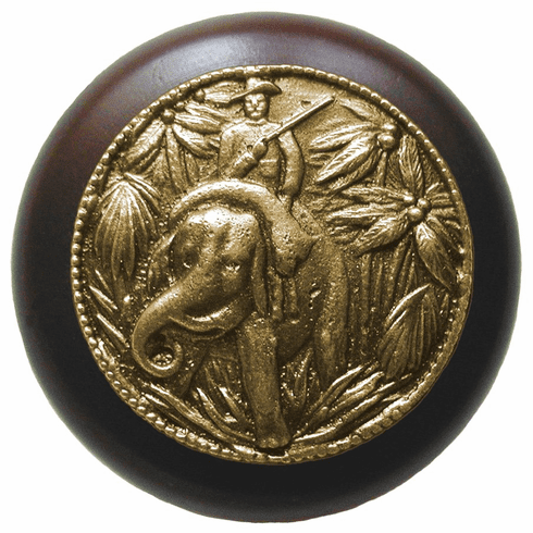 NHW-705W-AB Jungle Patrol Wood Knob in Antique Brass/Dark Walnut wood finish 1-1/2" Dia 1-1/8" Proj Lodge & Nature Collection by Notting Hill