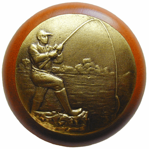 NHW-707C-AB Catch of the Day Wood Knob in Antique Brass /Cherry wood finish 1-1/2" Dia 1-1/8" Proj Lodge & Nature Collection by Notting Hill