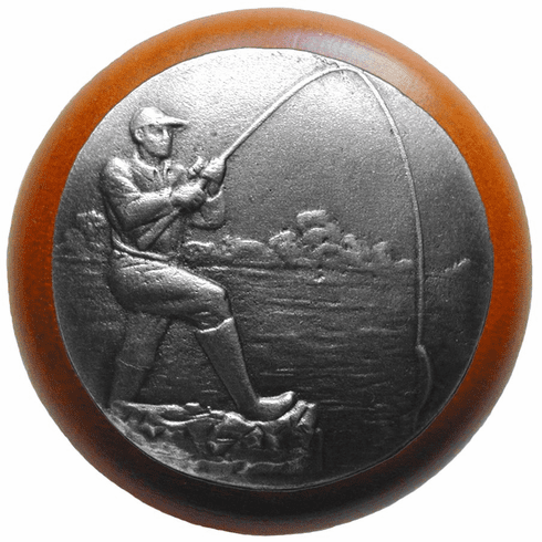 NHW-707C-AP Catch of the Day Wood Knob in Antique Pewter/Cherry wood finish 1-1/2" Dia 1-1/8" Proj Lodge & Nature Collection by Notting Hill