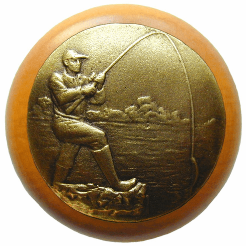 NHW-707M-AB Catch of the Day Wood Knob in Antique Brass /Maple wood finish 1-1/2" Dia 1-1/8" Proj Lodge & Nature Collection by Notting Hill