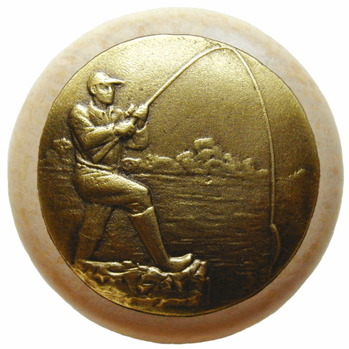 NHW-707N-AB Catch of the Day Wood Knob in Antique Brass /Natural wood finish 1-1/2" Dia 1-1/8" Proj Lodge & Nature Collection by Notting Hill