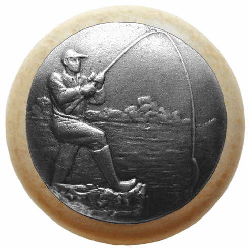 NHW-707N-AP Catch of the Day Wood Knob in Antique Pewter/Natural wood finish 1-1/2" Dia 1-1/8" Proj Lodge & Nature Collection by Notting Hill