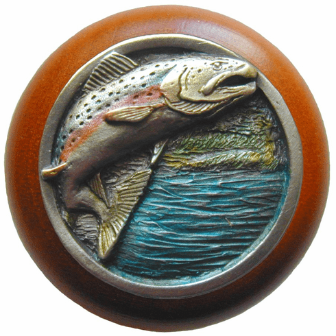 NHW-708C-PHT Leaping Trout Wood Knob in Hand-tinted Antique Pewter/Cherry wood finish 1-1/2" Dia 1-1/8" Proj Lodge & Nature Collection by Notting Hill