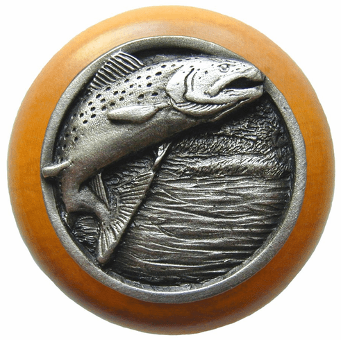NHW-708M-AP Leaping Trout Wood Knob in Antique Pewter/Maple wood finish 1-1/2" Dia 1-1/8" Proj Lodge & Nature Collection by Notting Hill