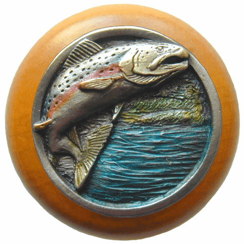 NHW-708M-PHT Leaping Trout Wood Knob in Hand-tinted Antique Pewter/Maple wood finish 1-1/2" Dia 1-1/8" Proj Lodge & Nature Collection by Notting Hill