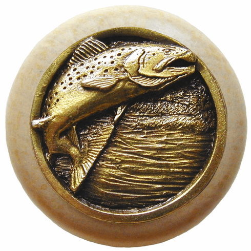 NHW-708N-AB Leaping Trout Wood Knob in Antique Brass /Natural wood finish 1-1/2" Dia 1-1/8" Proj Lodge & Nature Collection by Notting Hill